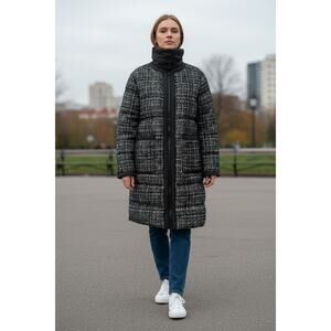 Bernardo Tweed Puffer Coat Size Large Heavyweight Full Zip Removable Collar